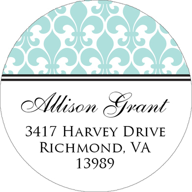 Aqua Fleur De Lis Round Address Labels